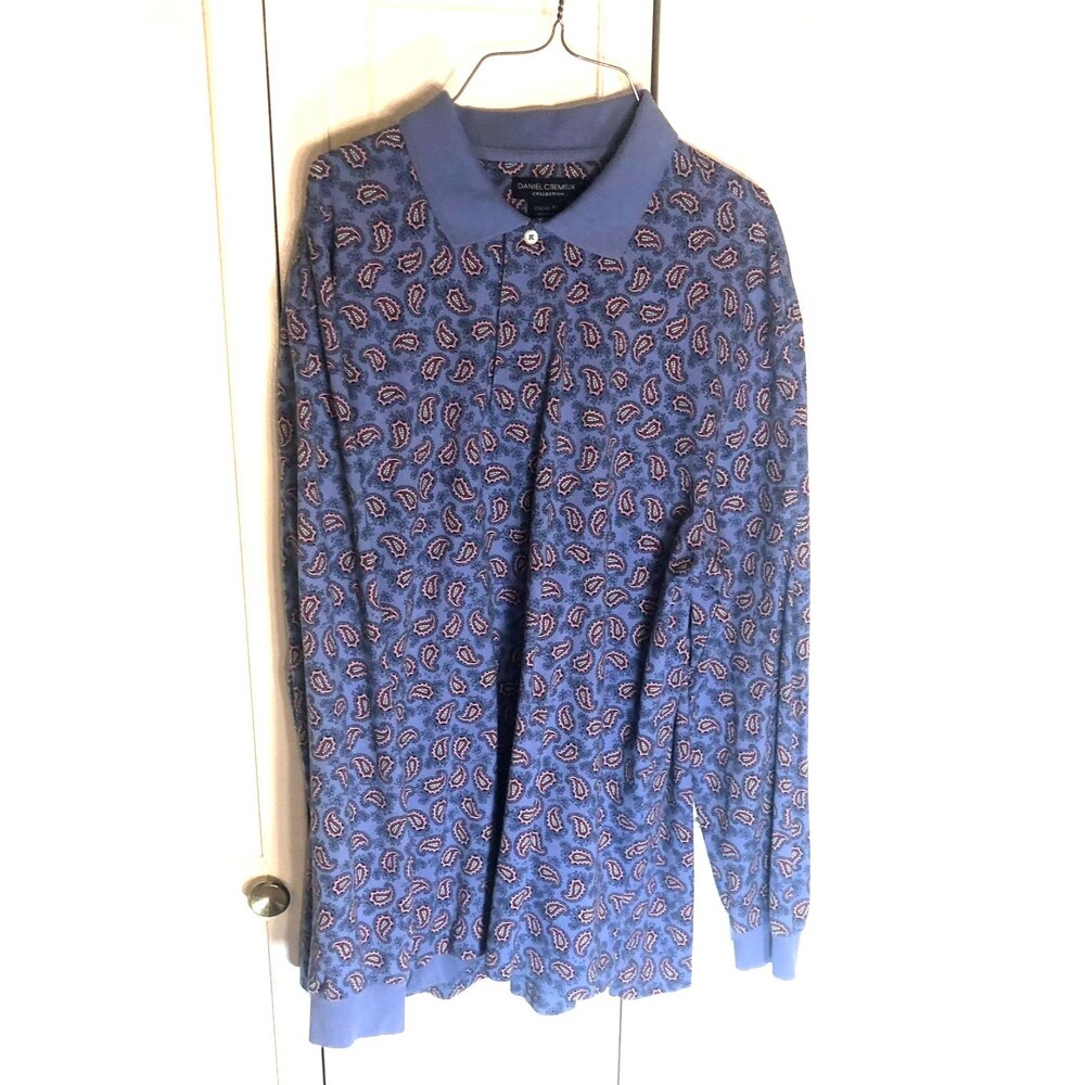 Daniel Cremieux Classic Fit L/G Long Sleeve Paisley Polo Shirt Blue Red 100% Cot